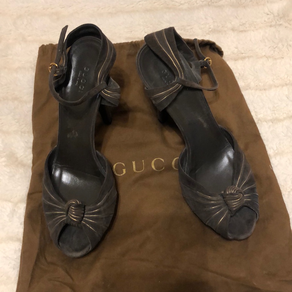 Authentic Grey Suede With Gold Lines Knotted Peep Toe Heel